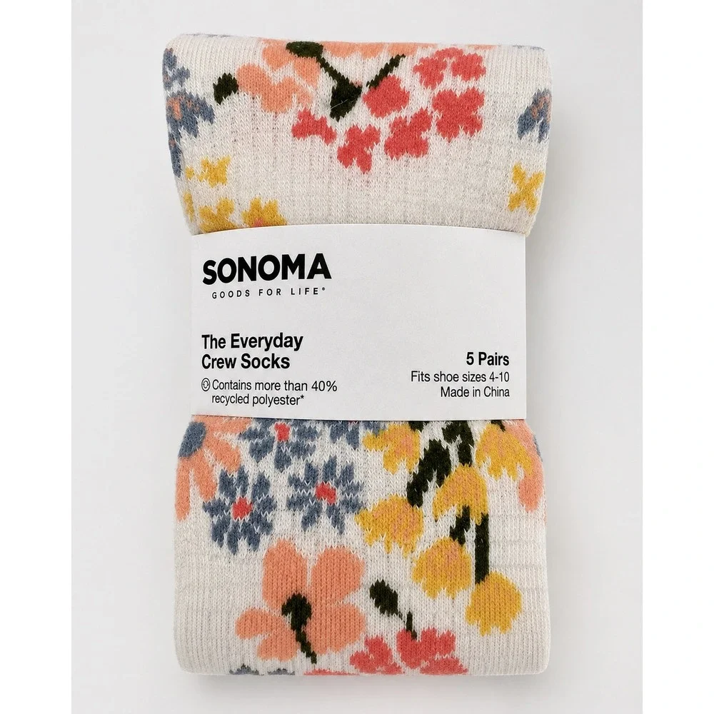 Sonoma Women's Everyday Crew Socks 5 Pack Floral Polka Dot Size 4-10 NWT